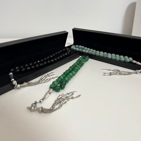 3 Naturstein Tesbihs mit Zülfikar Kette mit jeweils einer Box